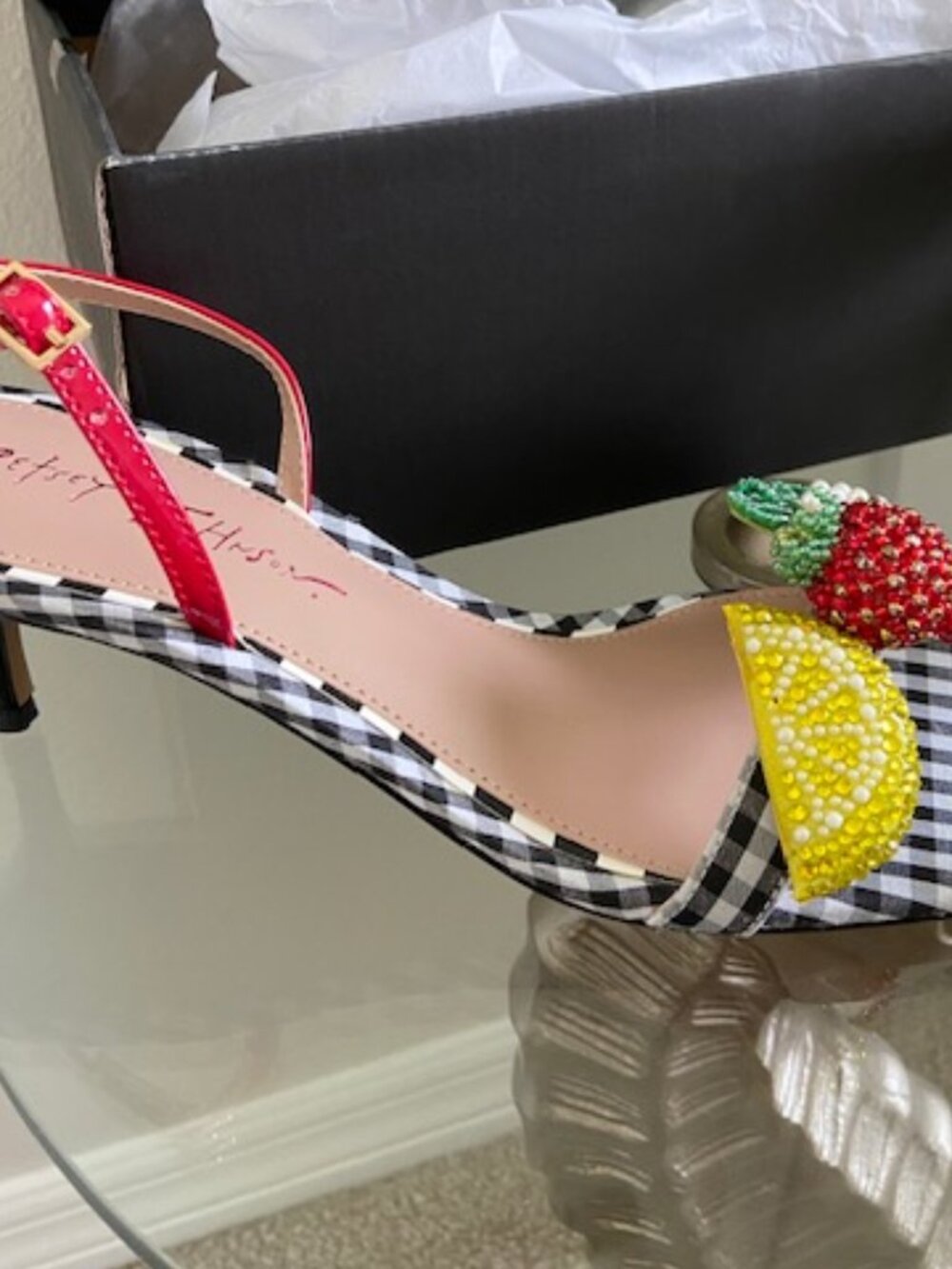 NWT Betsy Johnson Fruit Embellished Black Multi Kitten Heel Sandal - Size 9 - Picture 2 of 3
